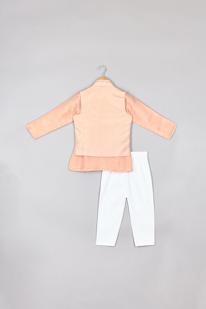 Peach Silk Tissue Mirror Embroidered Nehru Jacket Set For Boys by P & S Co at Pernia's Pop Up Shop