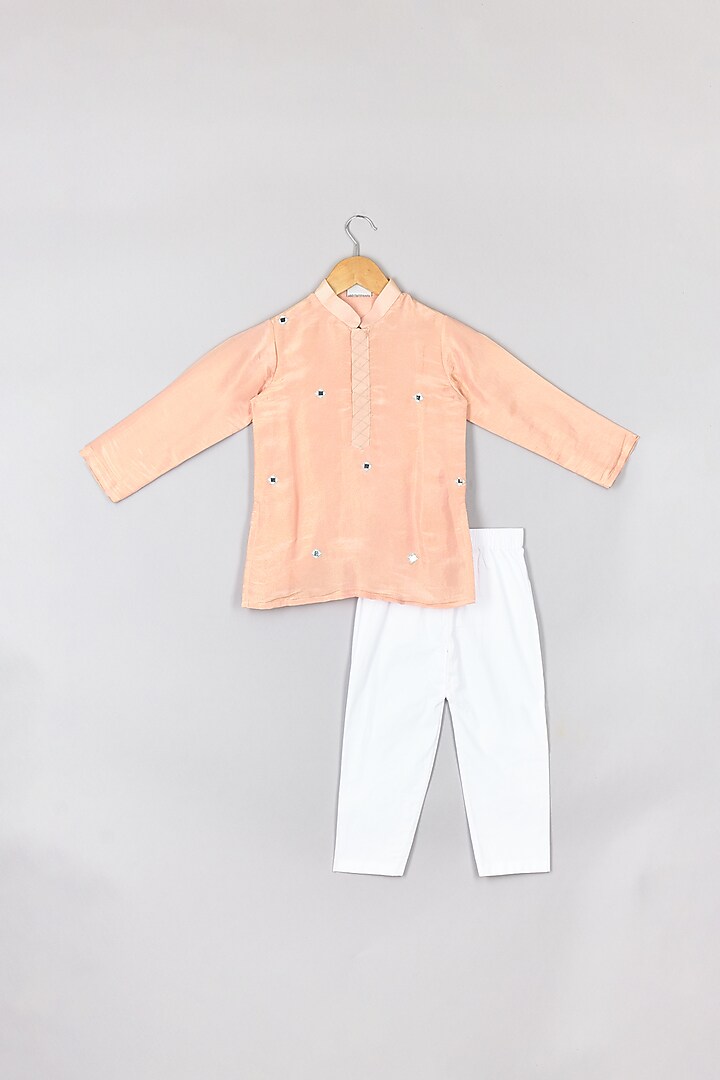 Peach Silk Tissue Mirror Embroidered Nehru Jacket Set For Boys by P & S Co at Pernia's Pop Up Shop