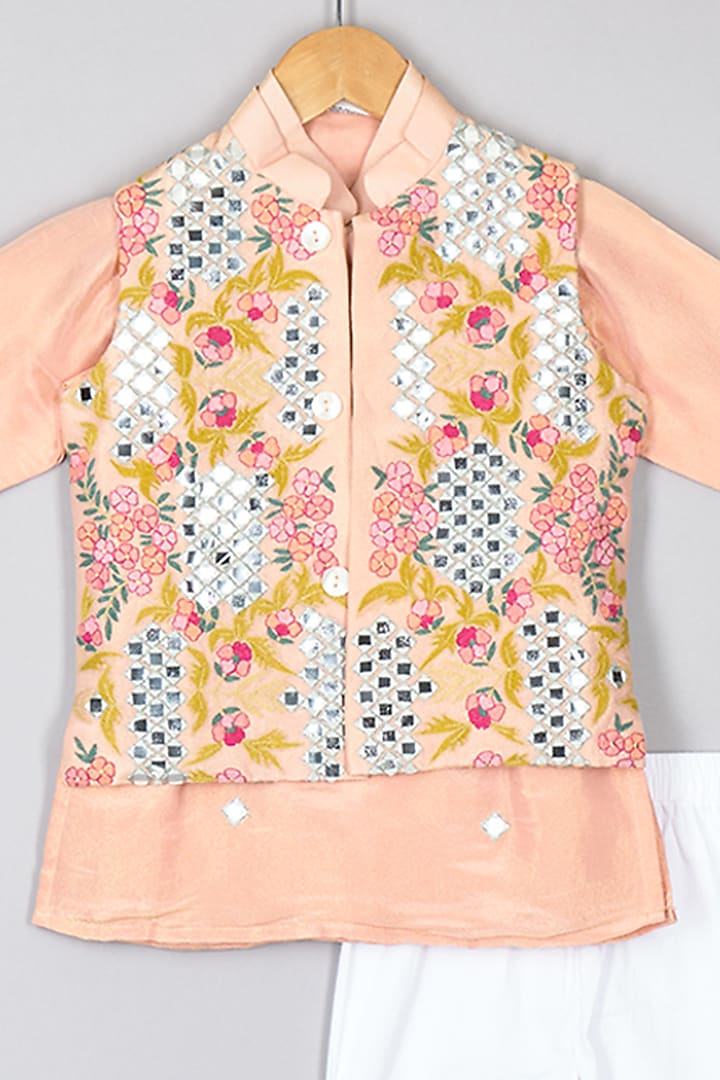 Peach Silk Tissue Mirror Embroidered Nehru Jacket Set For Boys by P & S Co at Pernia's Pop Up Shop