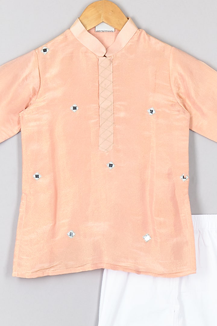 Peach Silk Tissue Mirror Embroidered Nehru Jacket Set For Boys by P & S Co at Pernia's Pop Up Shop
