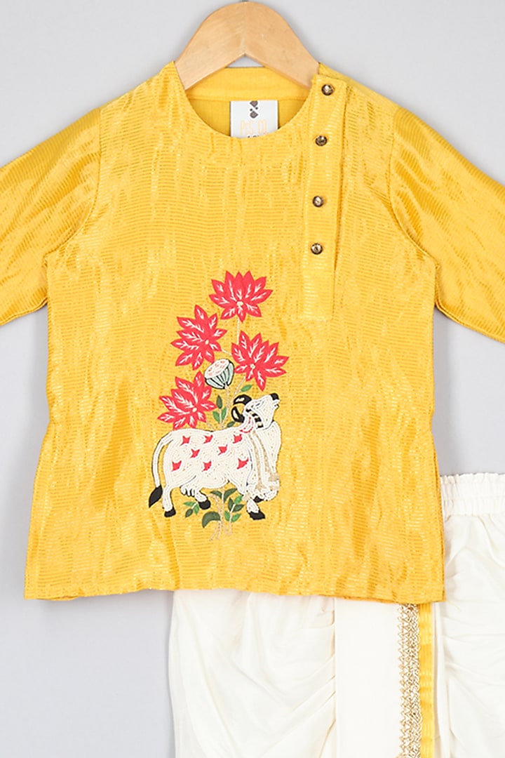 Yellow Tissue & Silk Embroidered Kurta Set For Boys by P & S Co at Pernia's Pop Up Shop
