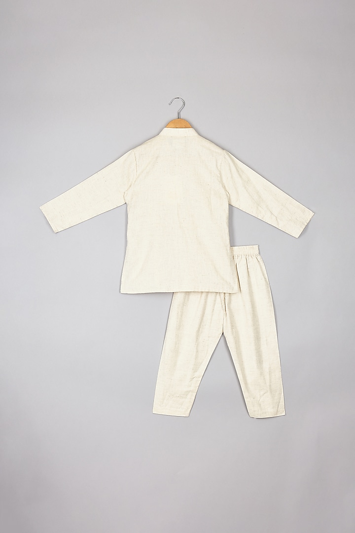 Off-White Flax Cotton Thread Work Kurta Set For Boys by P & S Co at Pernia's Pop Up Shop