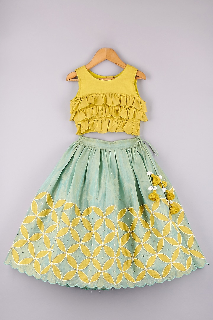 Sea Green Tissue Embroidered Lehenga Set For Girls by P & S Co at Pernia's Pop Up Shop