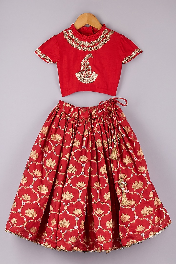 Red Banarasi Silk Embroidered Lehenga Set For Girls by P & S Co