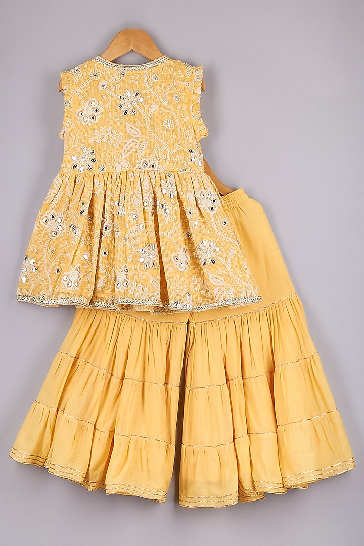 Yellow Kota Silk Embroidered Pant Set For Girls by P & S Co at Pernia's Pop Up Shop