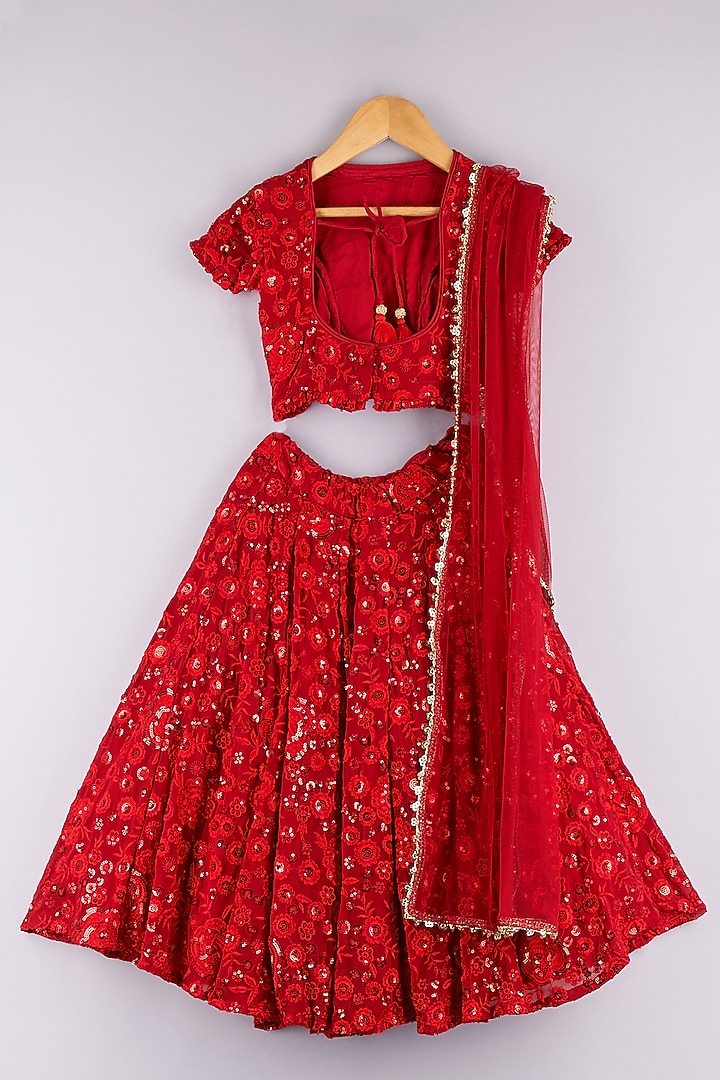 Red Georgette Embroidered Lehenga Set For Girls by P & S Co at Pernia's Pop Up Shop