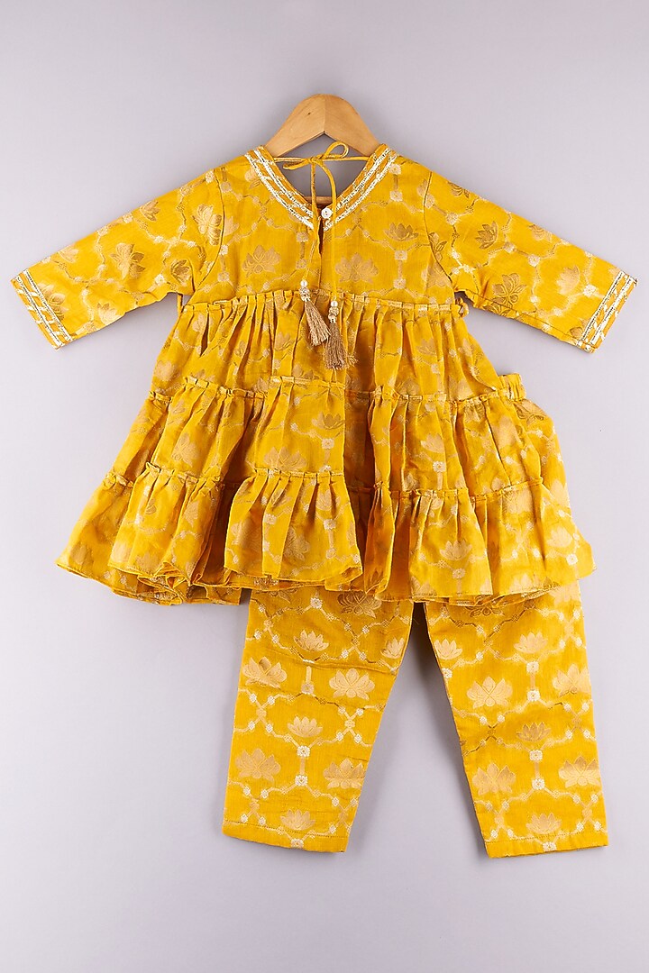 Mustard Banarasi Embroidered Kurta Set For Girls by P & S Co at Pernia's Pop Up Shop