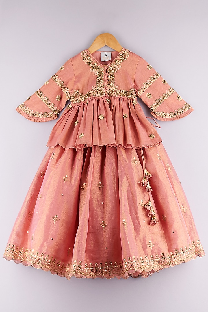 Peach Tissue Embroidered Lehenga Set For Girls by P & S Co
