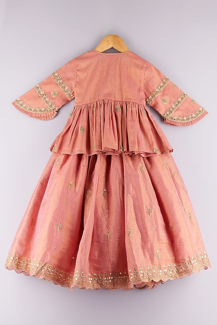 Peach Tissue Embroidered Lehenga Set For Girls by P & S Co at Pernia's Pop Up Shop