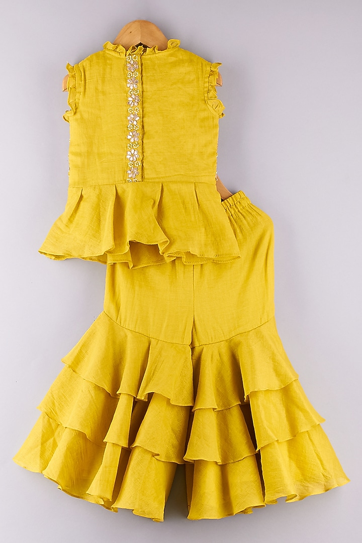 Yellow Tissue Embroidered Pant Set For Girls by P & S Co at Pernia's Pop Up Shop