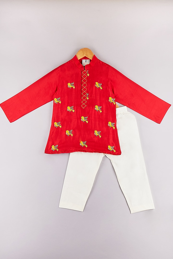 Red Silk Embroidered Kurta Set For Boys by P & S Co