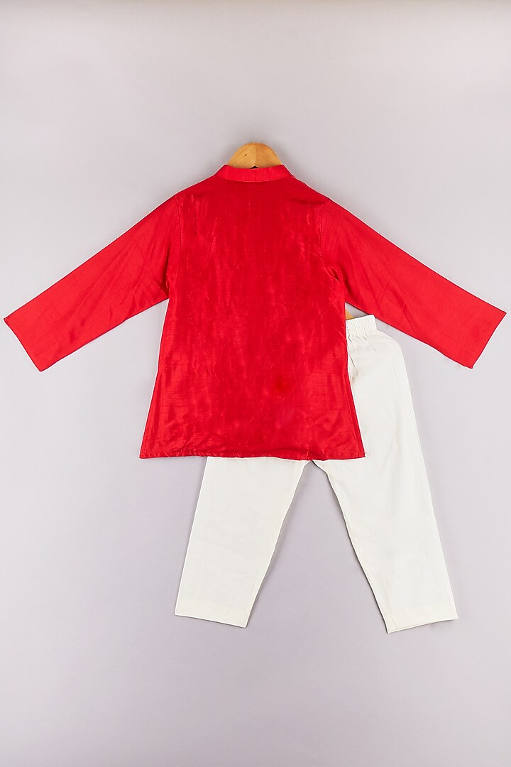 Red Silk Embroidered Kurta Set For Boys by P & S Co at Pernia's Pop Up Shop