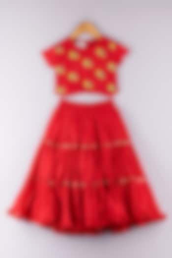Red Silk Embroidered Lehenga Set For Girls by P & S Co