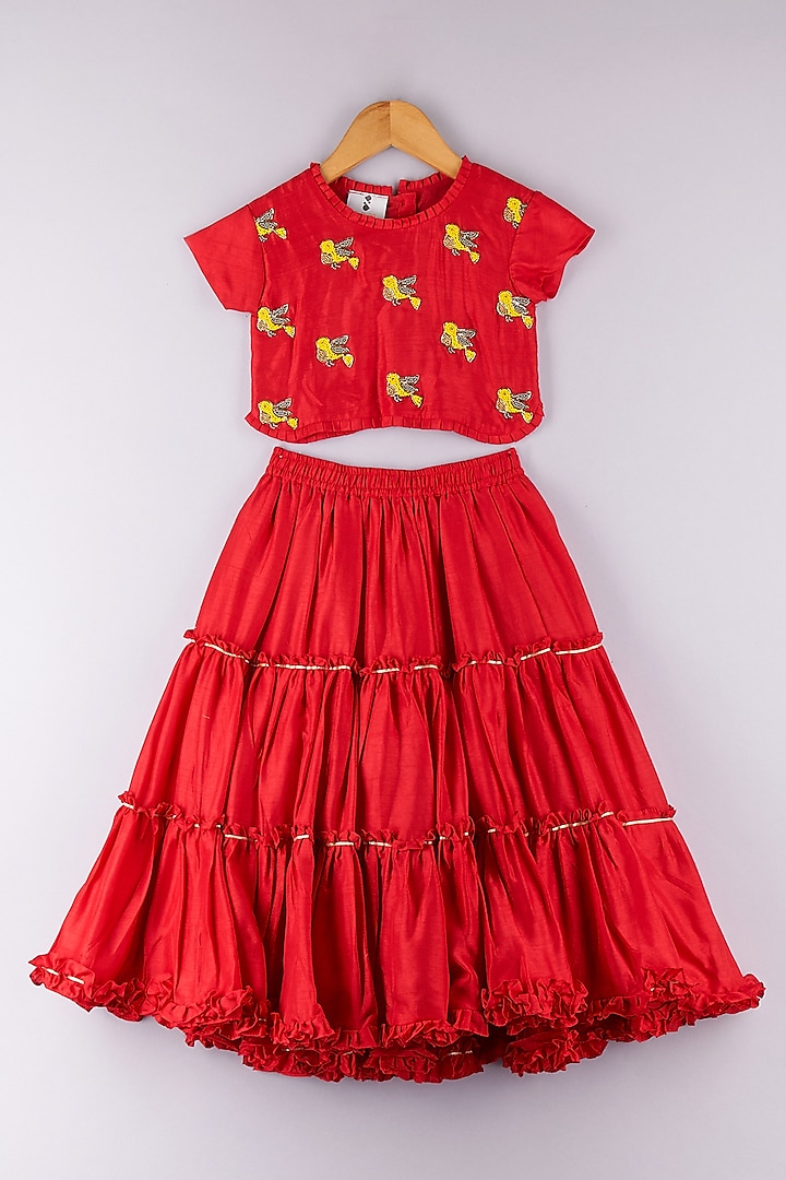 Red Silk Embroidered Lehenga Set For Girls by P & S Co