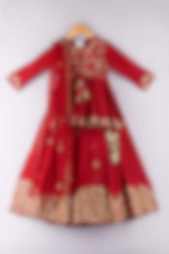 Maroon Silk Embroidered Lehenga Set For Girls by P & S Co