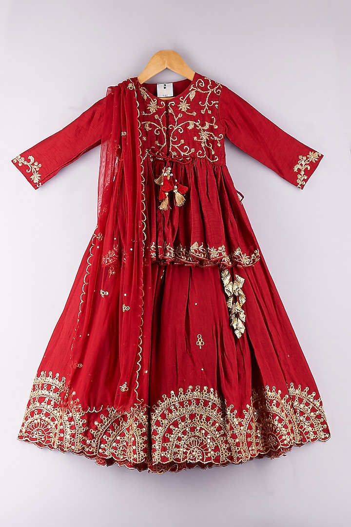 Maroon Silk Embroidered Lehenga Set For Girls by P & S Co