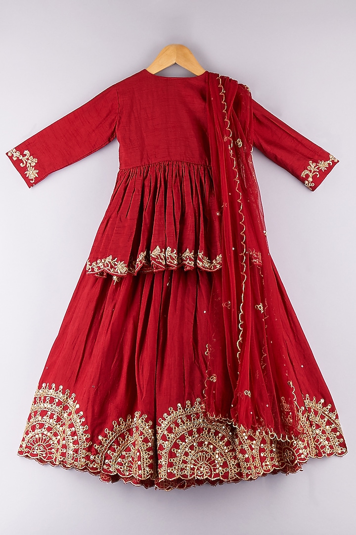 Maroon Silk Embroidered Lehenga Set For Girls by P & S Co at Pernia's Pop Up Shop