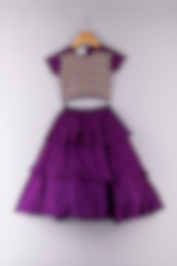Purple Silk Embroidered Lehenga Set For Girls by P & S Co