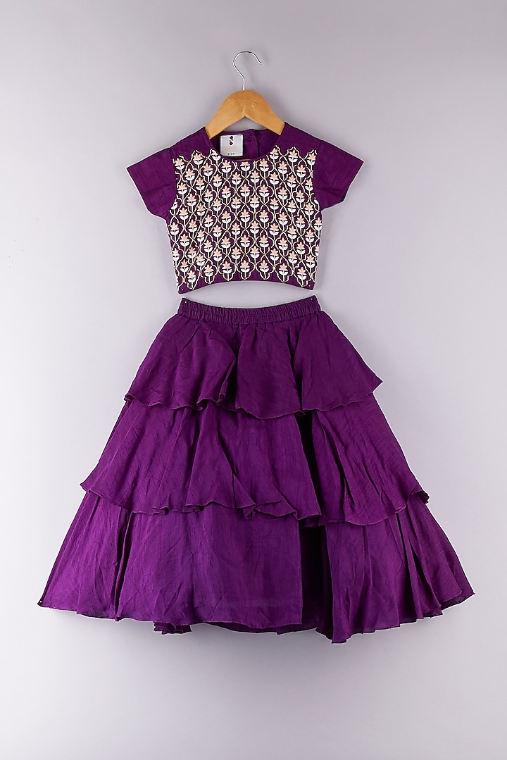 Purple Silk Embroidered Lehenga Set For Girls by P & S Co