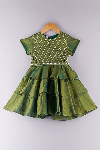 Green Tissue Embroidered Mini Dress For Girls by P & S Co