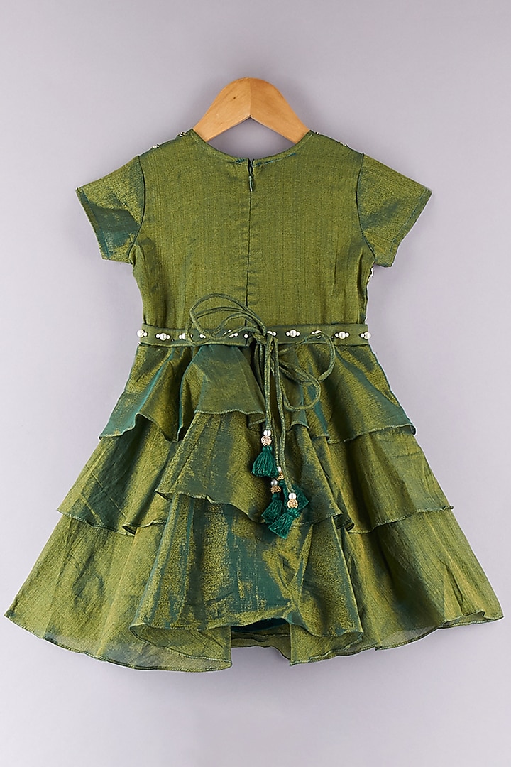 Green Tissue Embroidered Mini Dress For Girls by P & S Co at Pernia's Pop Up Shop