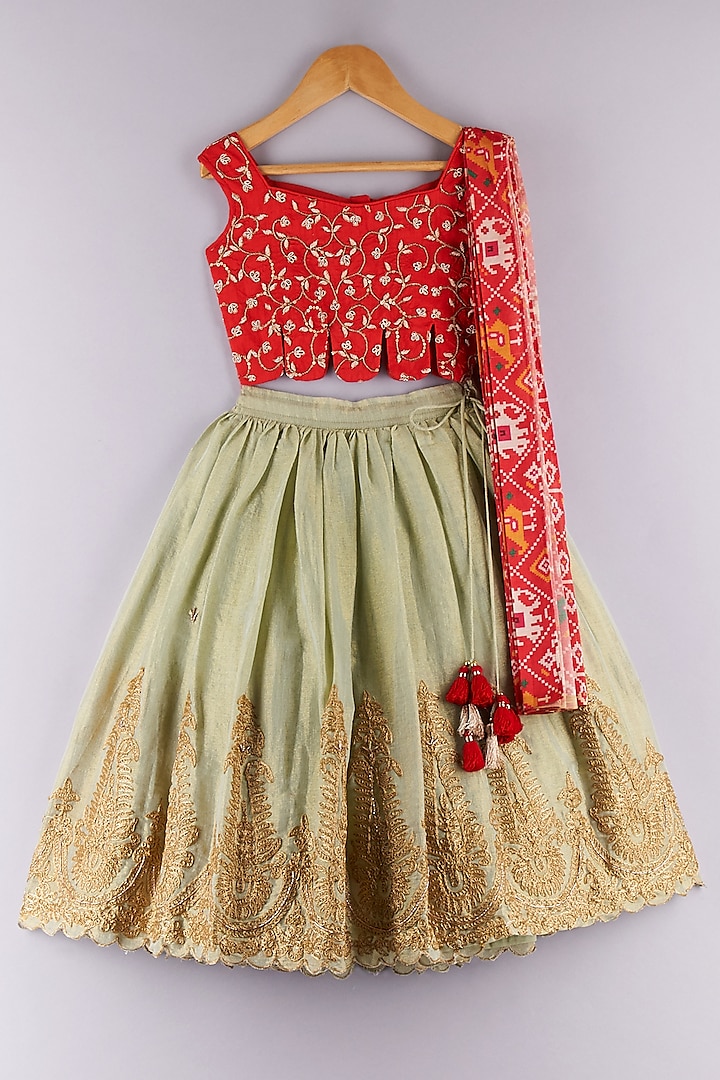 Pista Green Silk Embroidered Lehenga Set For Girls by P & S Co