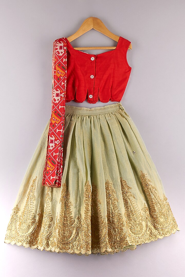 Pista Green Silk Embroidered Lehenga Set For Girls by P & S Co at Pernia's Pop Up Shop