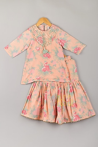 Pink Silk Embroidered Kurta Set For Girls by P & S Co