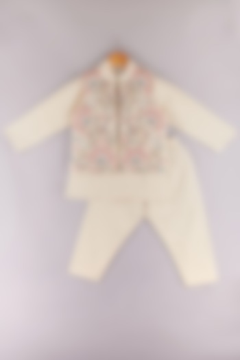 Off-White Cotton Embroidered Jacket Set For Boys by P & S Co at Pernia's Pop Up Shop