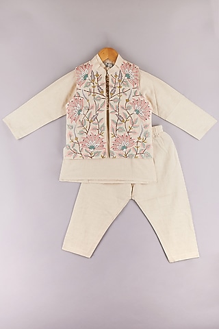 Off-White Cotton Embroidered Jacket Set For Boys by P & S Co