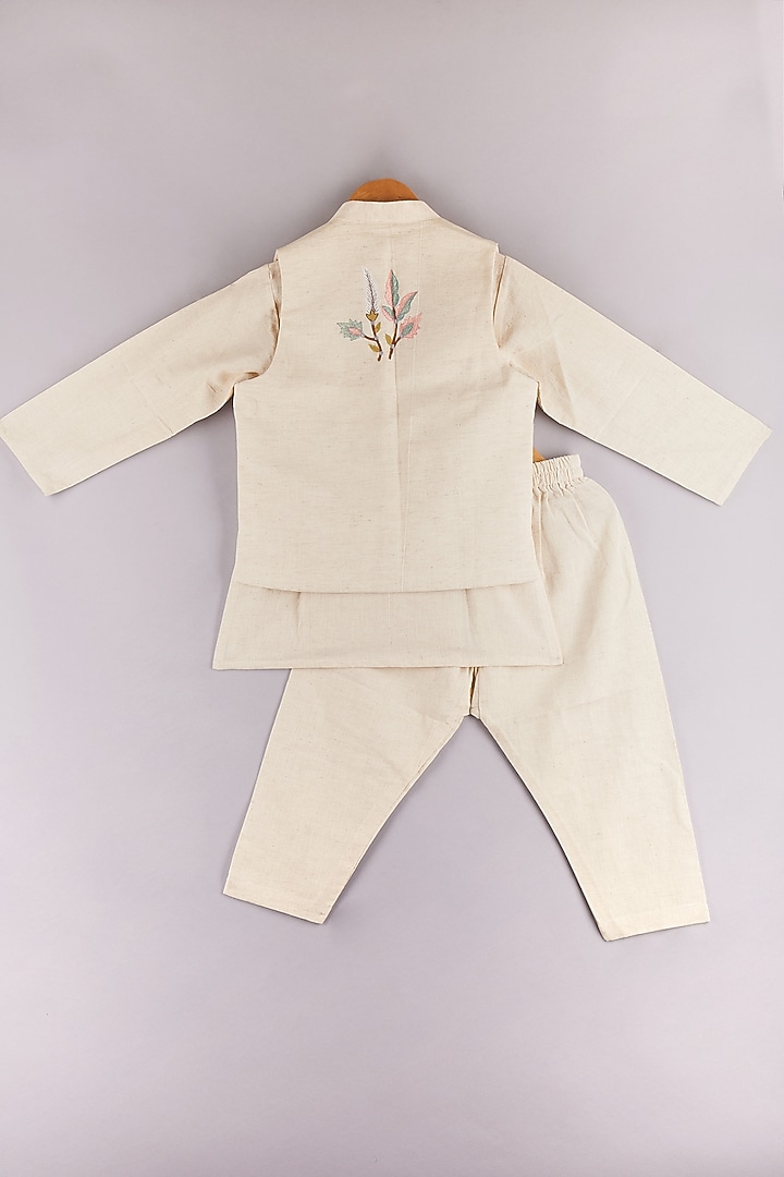 Off-White Cotton Embroidered Jacket Set For Boys by P & S Co at Pernia's Pop Up Shop