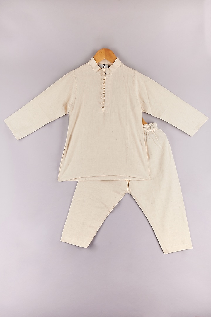Off-White Cotton Embroidered Jacket Set For Boys by P & S Co at Pernia's Pop Up Shop