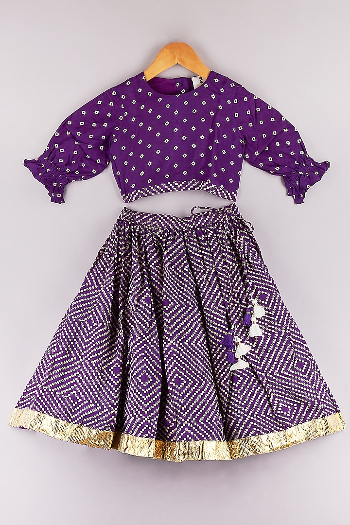 Purple Silk Bandhani Printed Lehenga Set For Girls by P & S Co