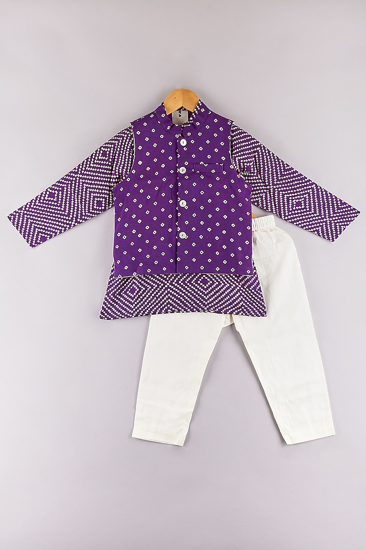 Purple Silk Printed Jacket Set For Boys by P & S Co