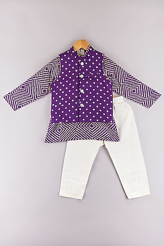 Purple Silk Printed Jacket Set For Boys by P & S Co