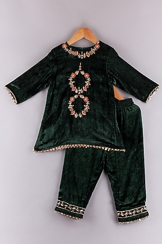 Bottle Green Velvet Kurta Set For Girls by P & S Co