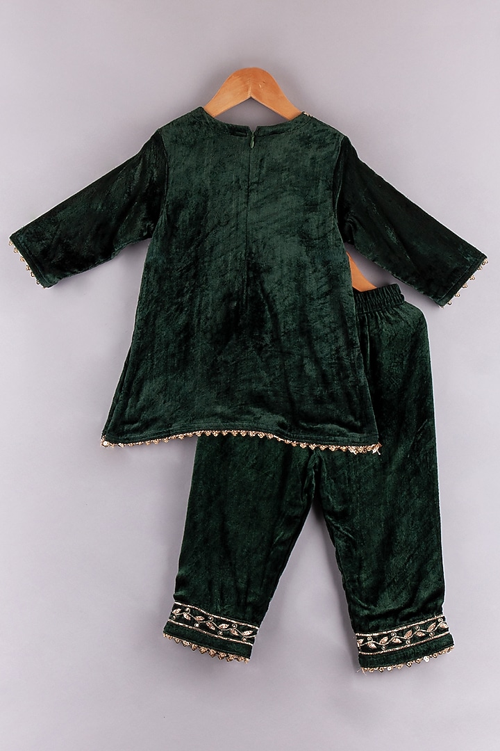 Bottle Green Velvet Kurta Set For Girls by P & S Co at Pernia's Pop Up Shop
