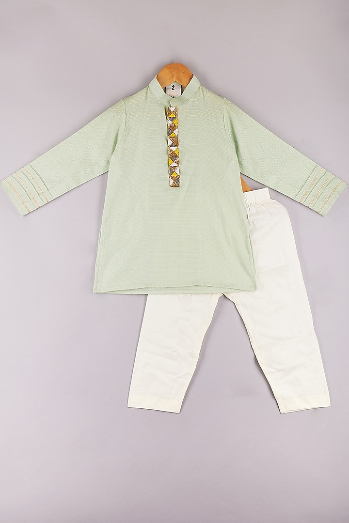 Mint Green Kota Silk Embroidered Kurta Set For Boys by P & S Co