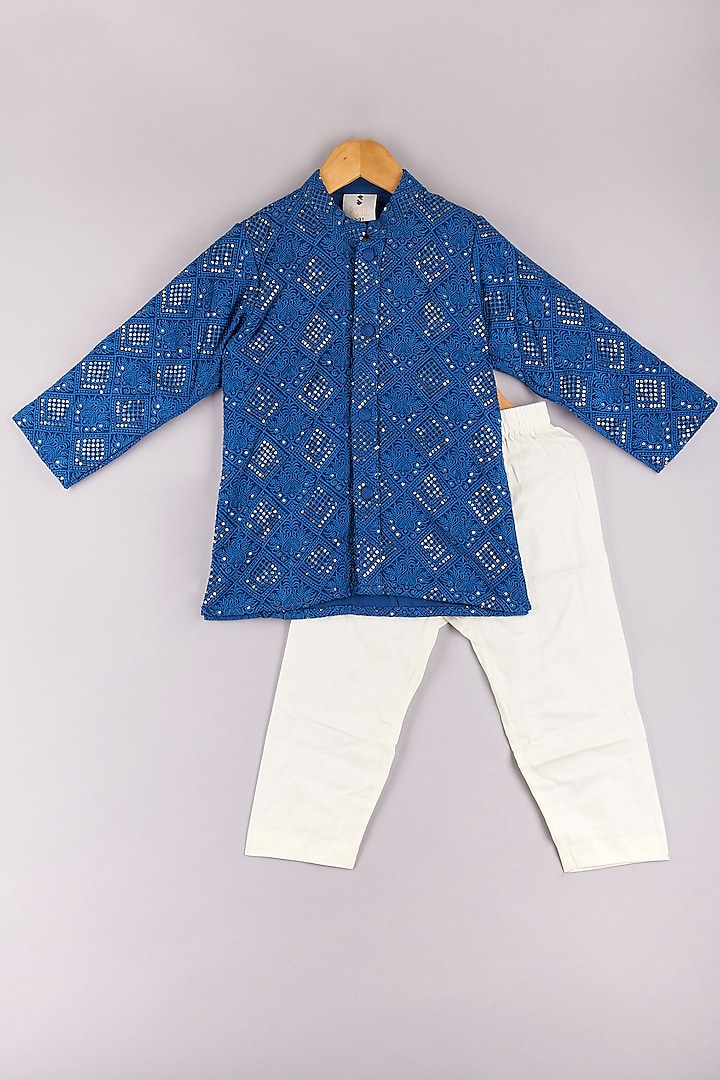 Blue Lucknowi Embroidered Kurta Set For Boys by P & S Co