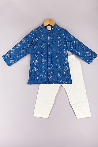 Blue Lucknowi Embroidered Kurta Set For Boys by P & S Co