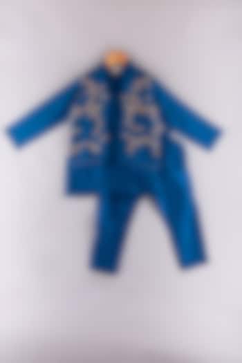 Royal Blue Silk Embroidered Kurta Set For Boys by P & S Co