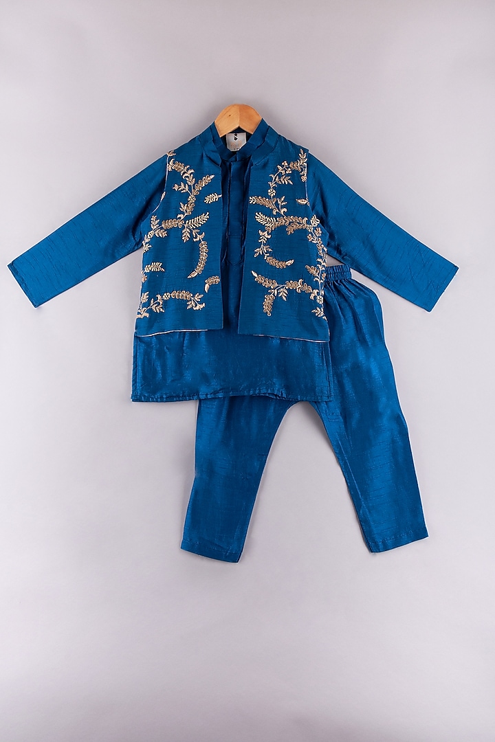 Royal Blue Silk Embroidered Kurta Set For Boys by P & S Co