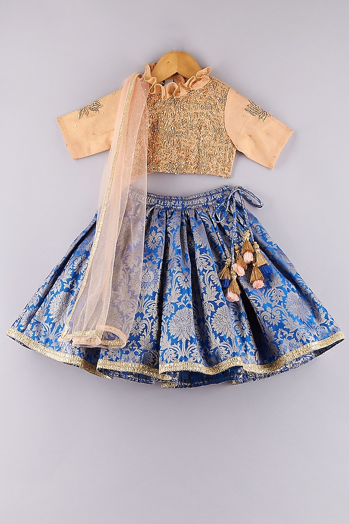 Royal Blue Brocade Embroidered Lehenga Set For Girls by P & S Co
