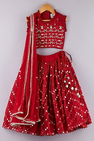 Red Organza Embroidered Lehenga Set For Girls by P & S Co
