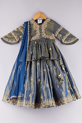 Blue Tissue Embroidered Lehenga Set For Girls by P & S Co