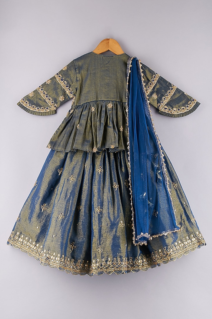 Blue Tissue Embroidered Lehenga Set For Girls by P & S Co at Pernia's Pop Up Shop