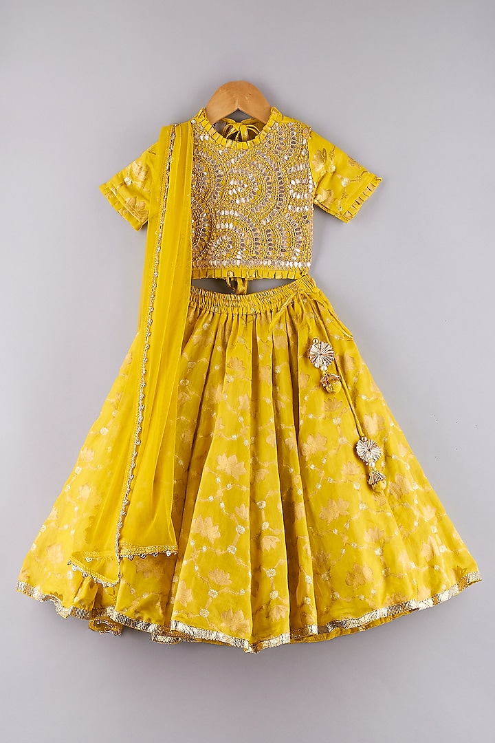 Yellow Banarasi Embroidered Lehenga Set For Girls by P & S Co