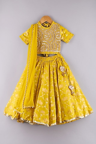 Yellow Banarasi Embroidered Lehenga Set For Girls by P & S Co