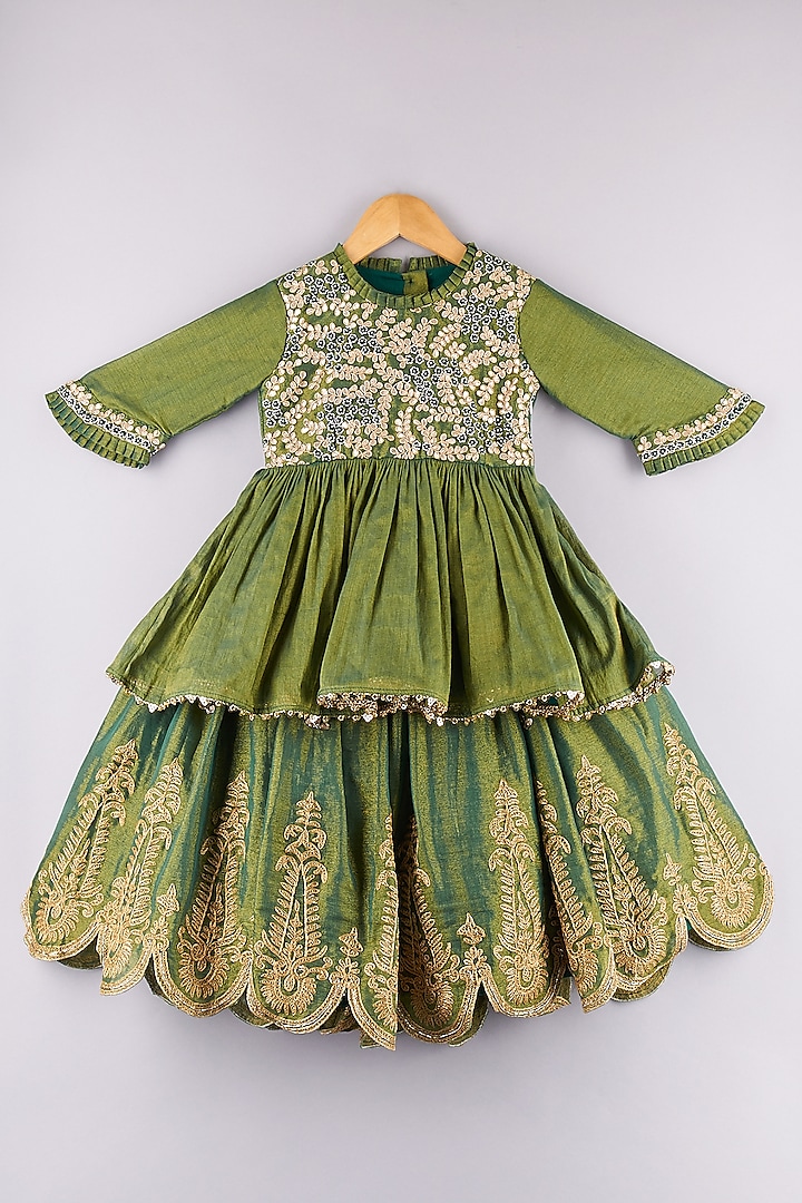 Bottle Green Tissue Embroidered Lehenga Set For Girls by P & S Co