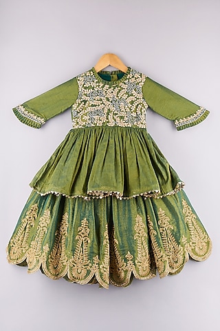 Bottle Green Tissue Embroidered Lehenga Set For Girls by P & S Co